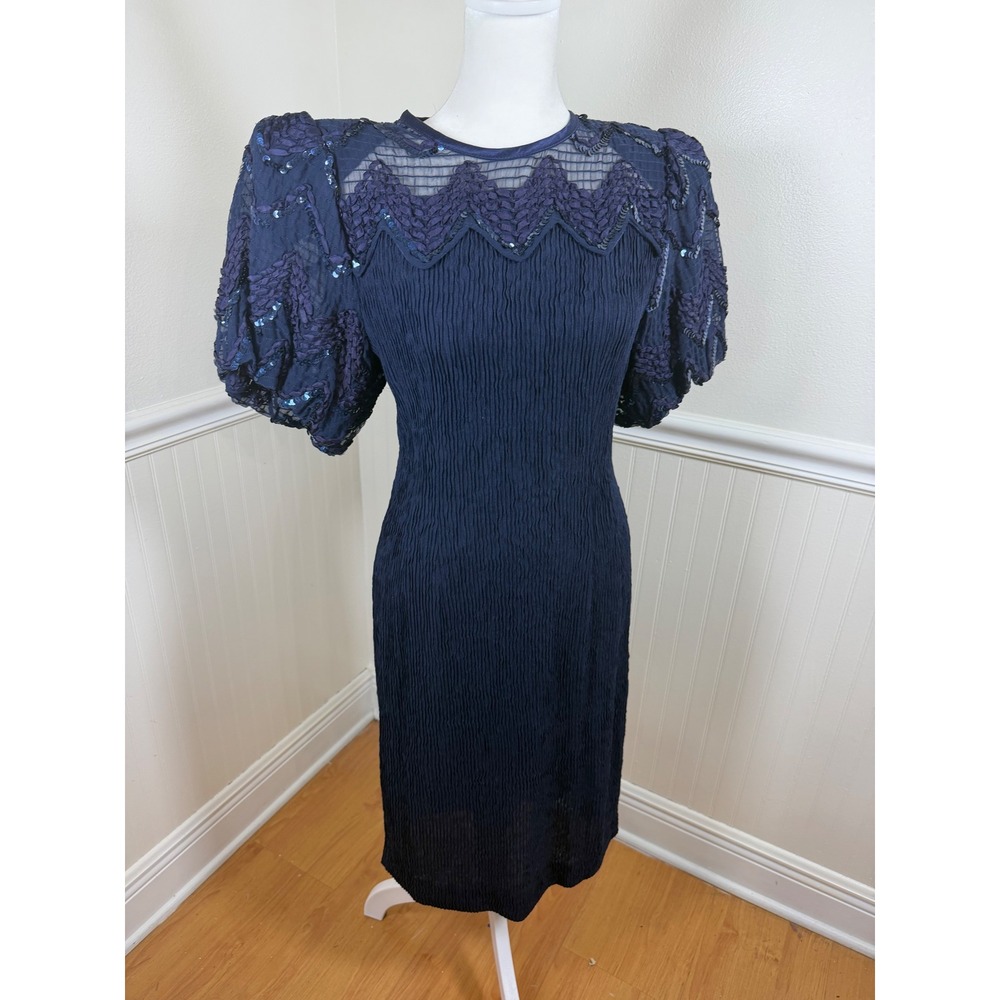 Leslie Fay Cocktail Dress Women 8P Navy Blue Sequin Lace Puff Sleeve Vintage 80s